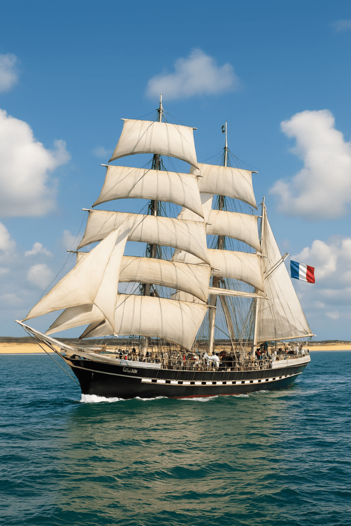 Depuis un bateau proche, voir le Belem traverser les passes du bassin d’Arcachon